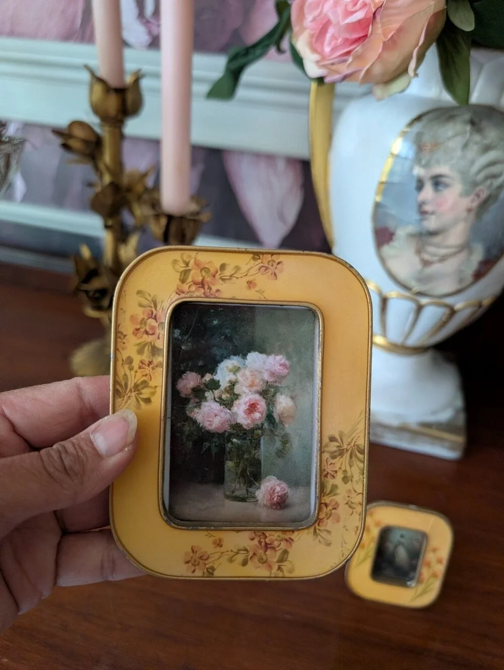 Vintage Small/Mini Yellow Floral  Enamel Picture Photo Frames  (READ)